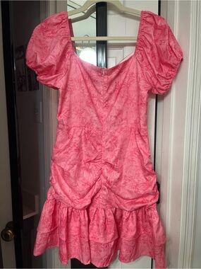 Womens Pink Puff-Sleeve Floral Party Dress Never Worn